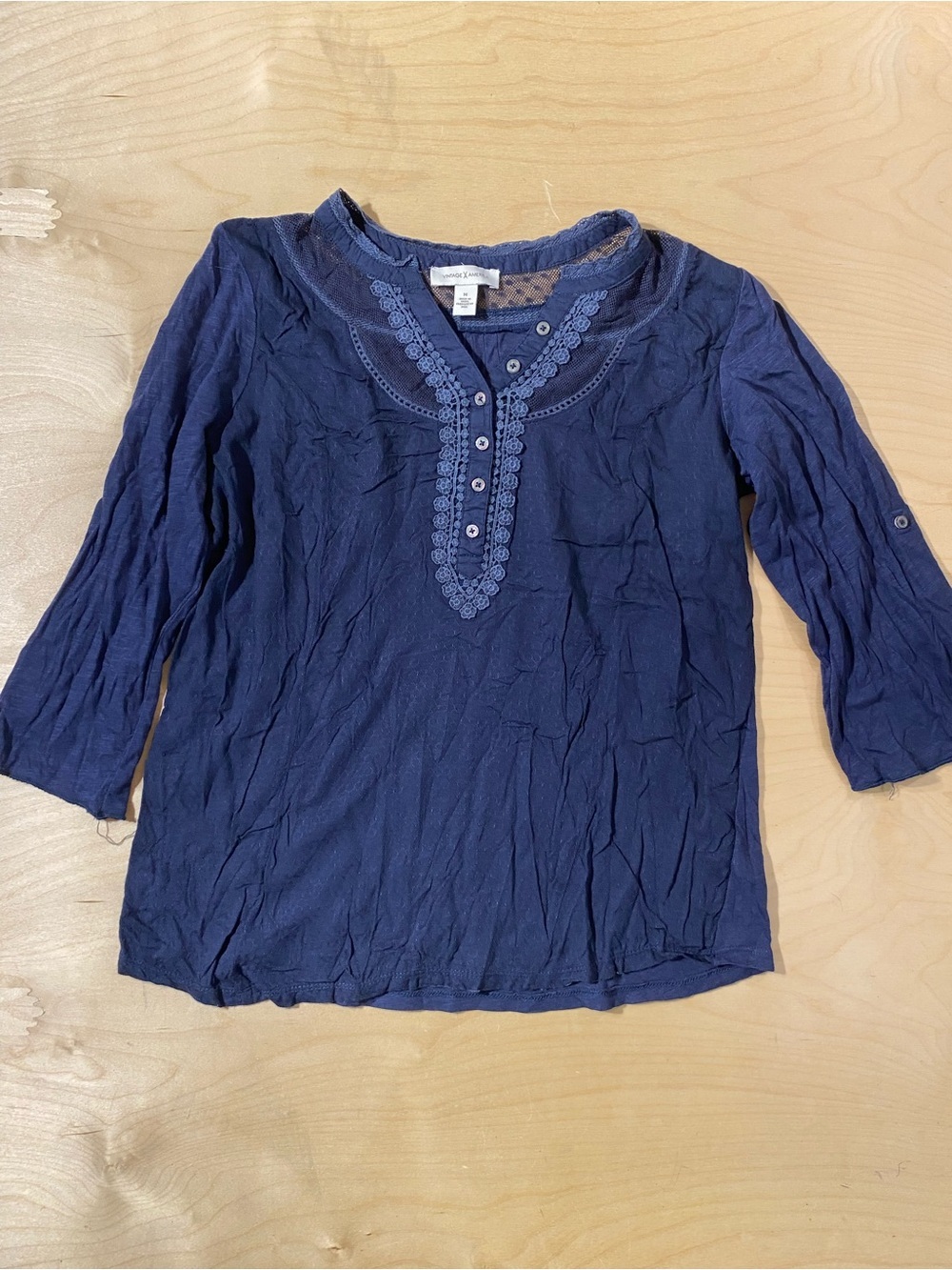 Vintage America Navy Women's Embroidered Henley Top Medium (SA)